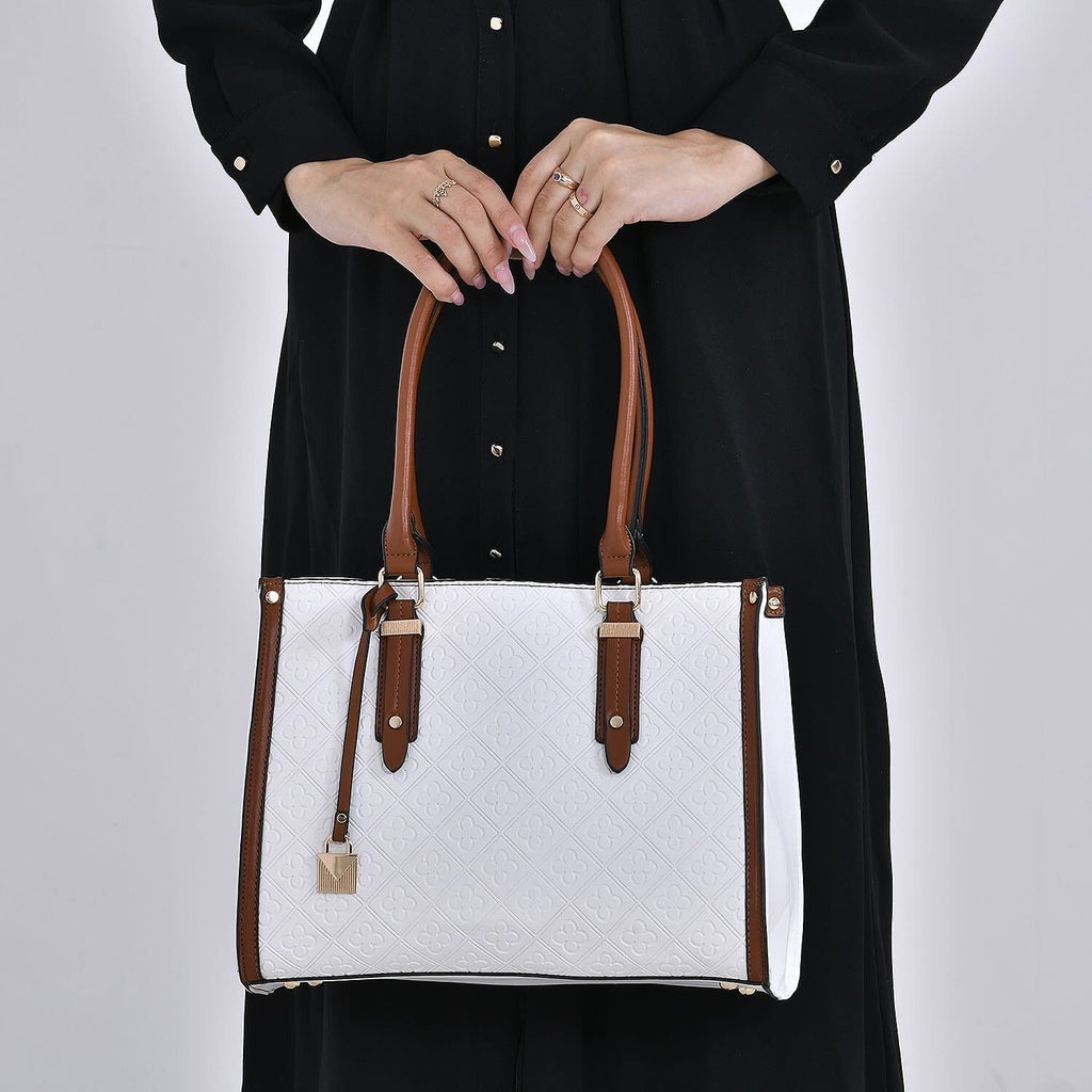 Embossed Four Leaf Clover Pattern Leatherette Crossbody Bag With Handle Drop - White - Tan