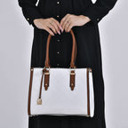 Embossed Four Leaf Clover Pattern Leatherette Crossbody Bag With Handle Drop - White - Tan