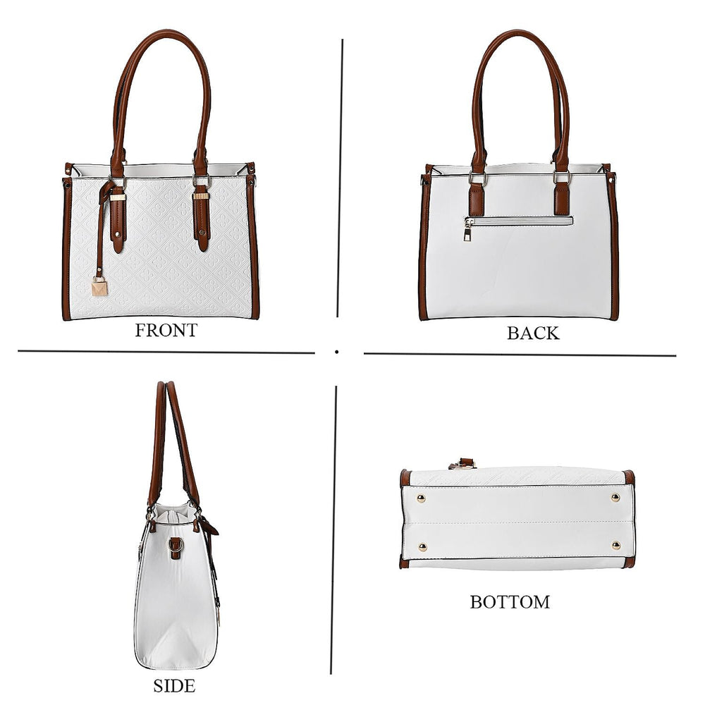 Embossed Four Leaf Clover Pattern Leatherette Crossbody Bag With Handle Drop - White - Tan