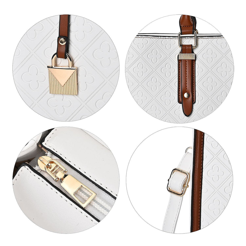 Embossed Four Leaf Clover Pattern Leatherette Crossbody Bag With Handle Drop - White - Tan