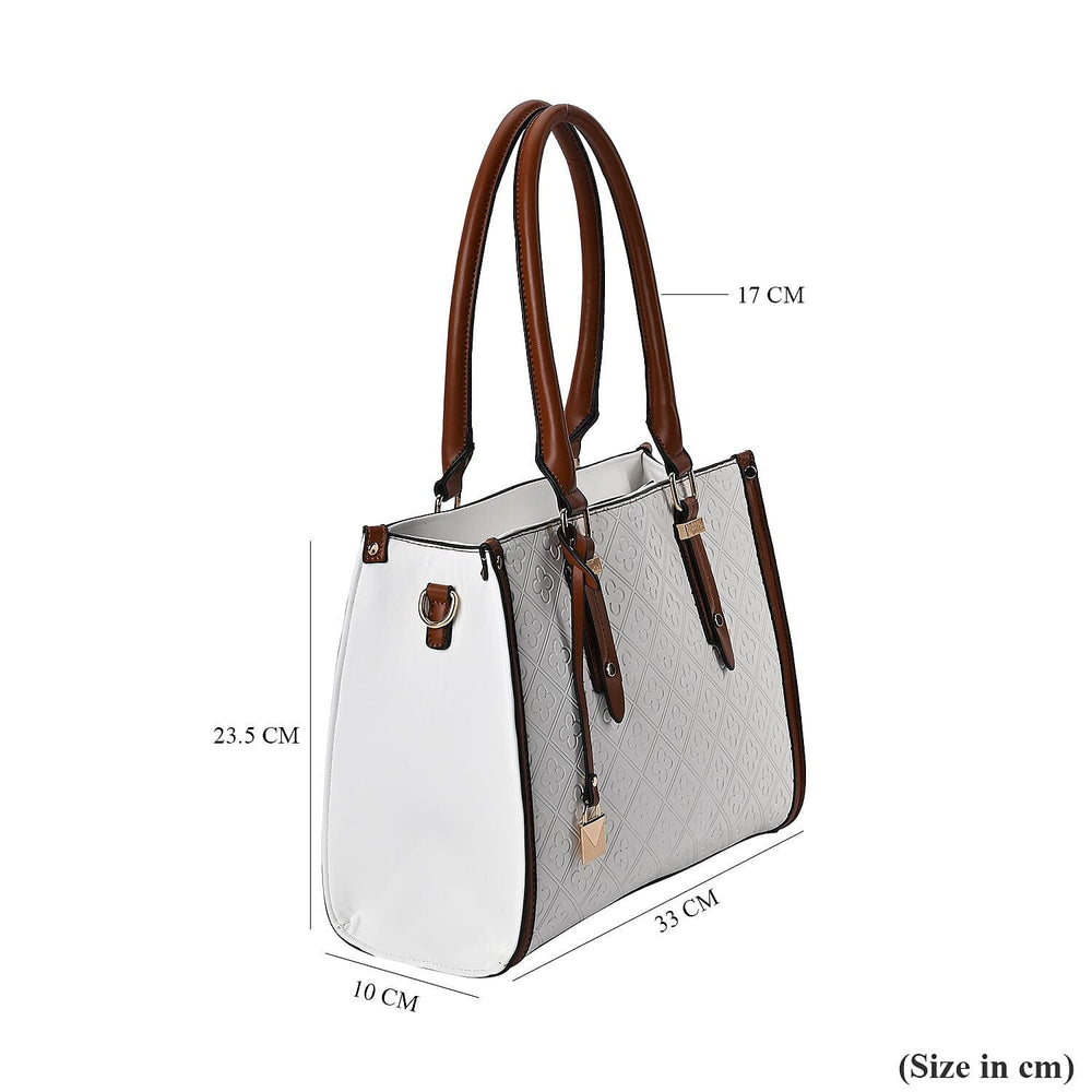 Embossed Four Leaf Clover Pattern Leatherette Crossbody Bag With Handle Drop - White - Tan