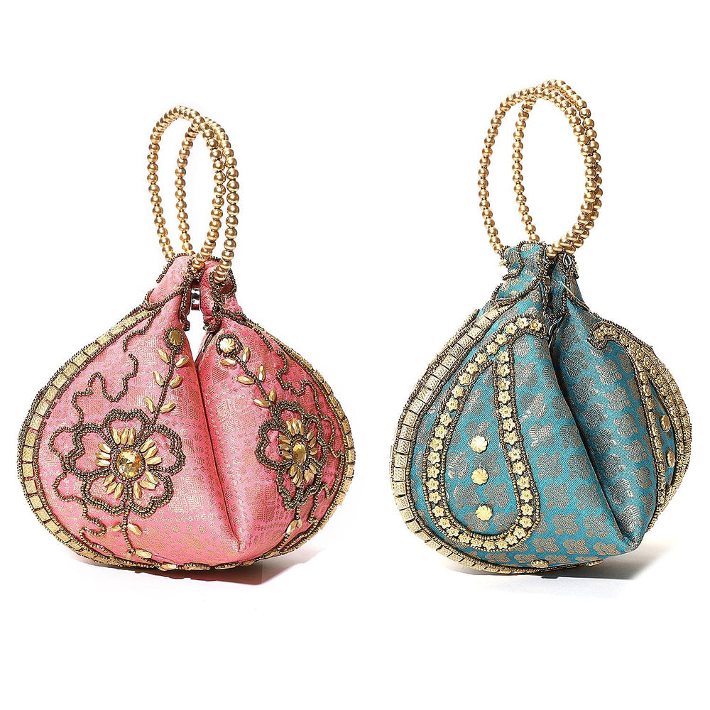 Set of 2 Hand Embrodiered Embellished Potli Bag - Pink - Turquoise