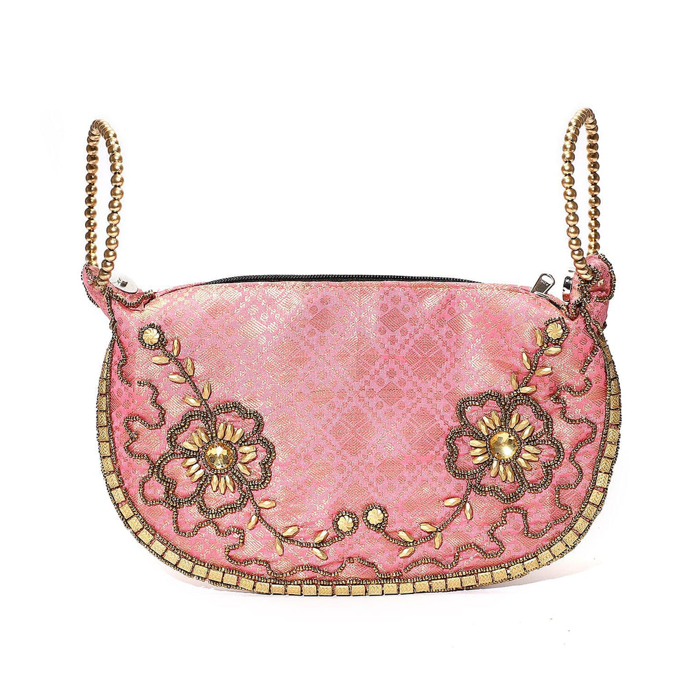 Set of 2 Hand Embrodiered Embellished Potli Bag - Pink - Turquoise