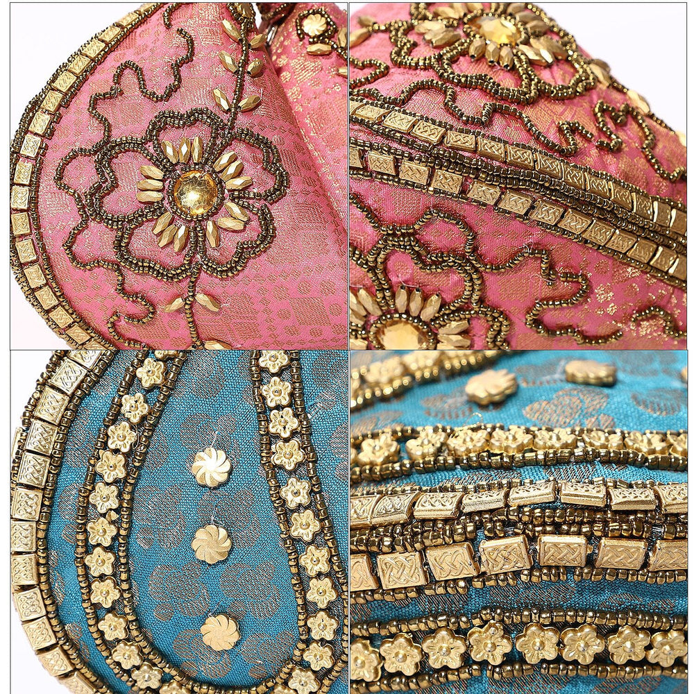 Set of 2 Hand Embrodiered Embellished Potli Bag - Pink - Turquoise