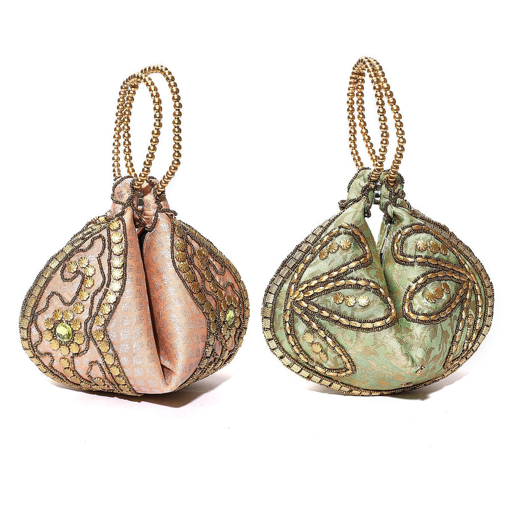 Set of 2 Hand Embrodiered Embellished Potli Bag - Pink - Mint