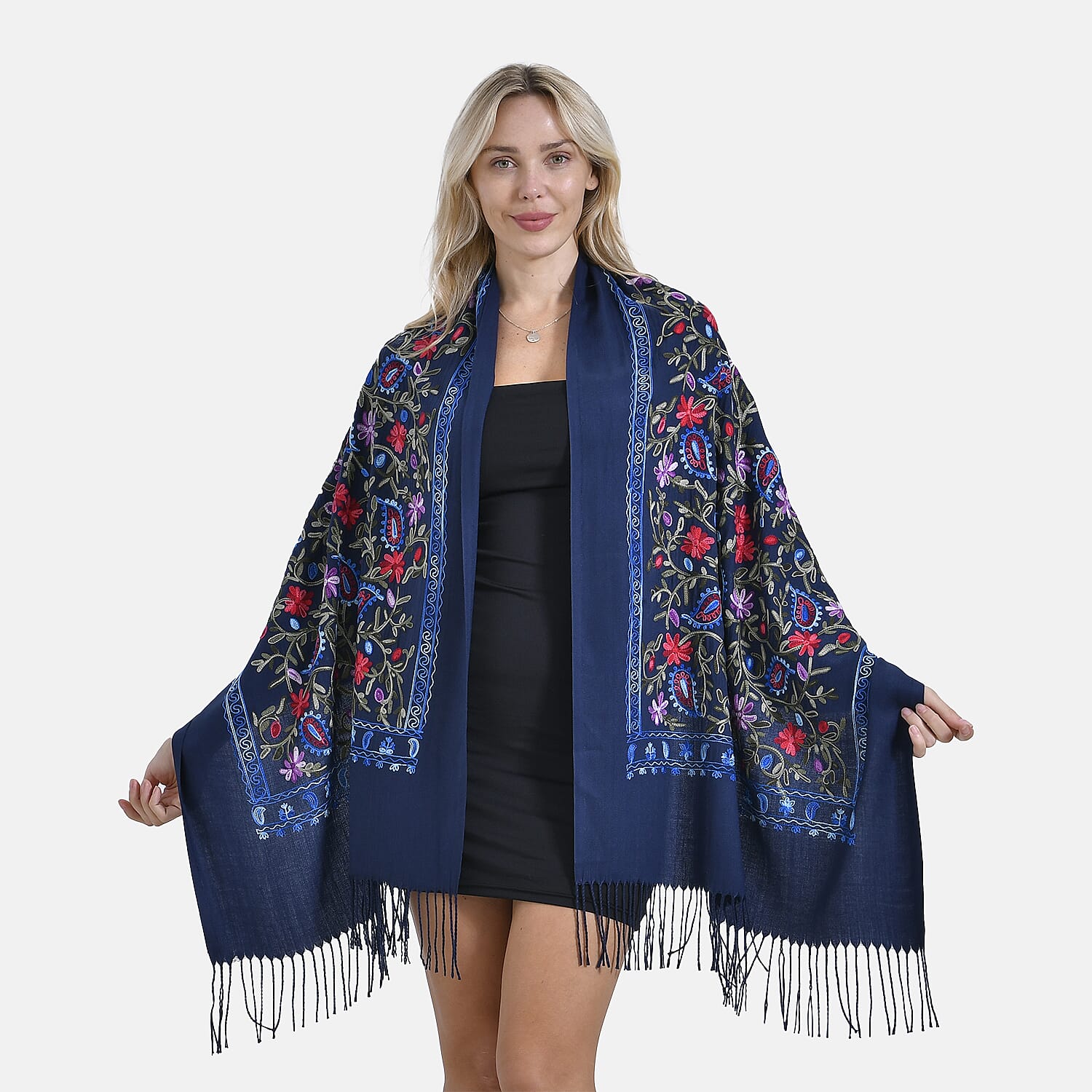 Close Out Embroidery Flower Pattern Super Soft Shawl (Size 180x70 cm) - Dark Blue