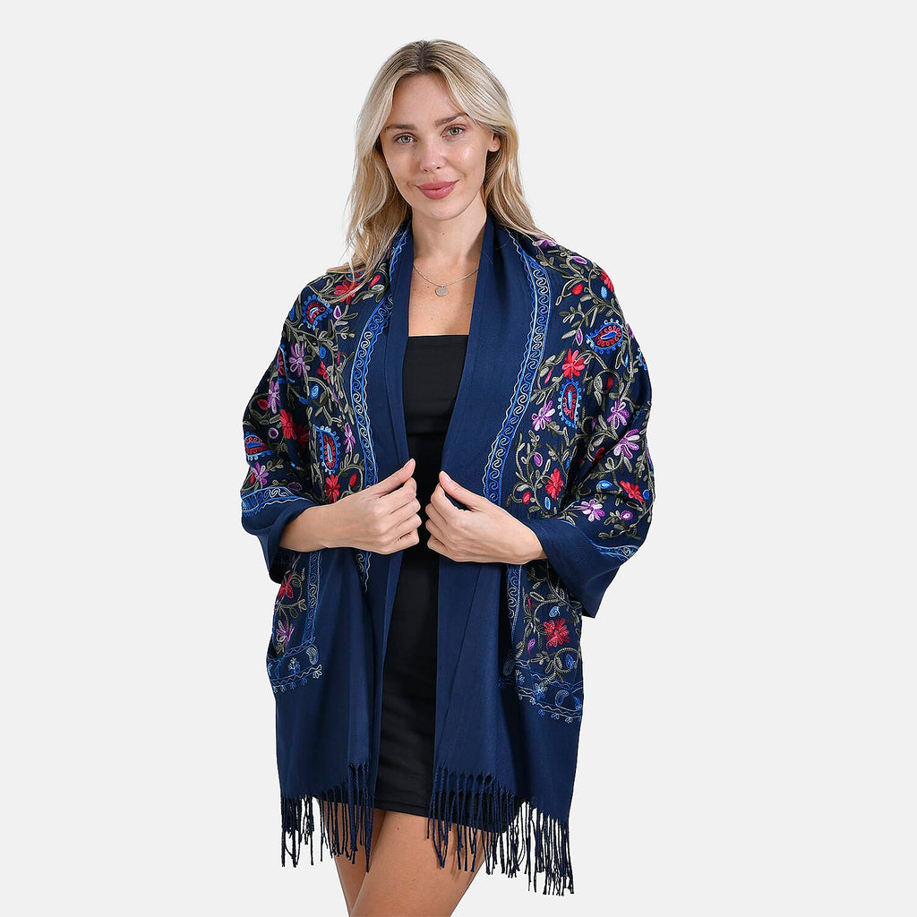 Close Out Embroidery Flower Pattern Super Soft Shawl (Size 180x70 cm) - Dark Blue