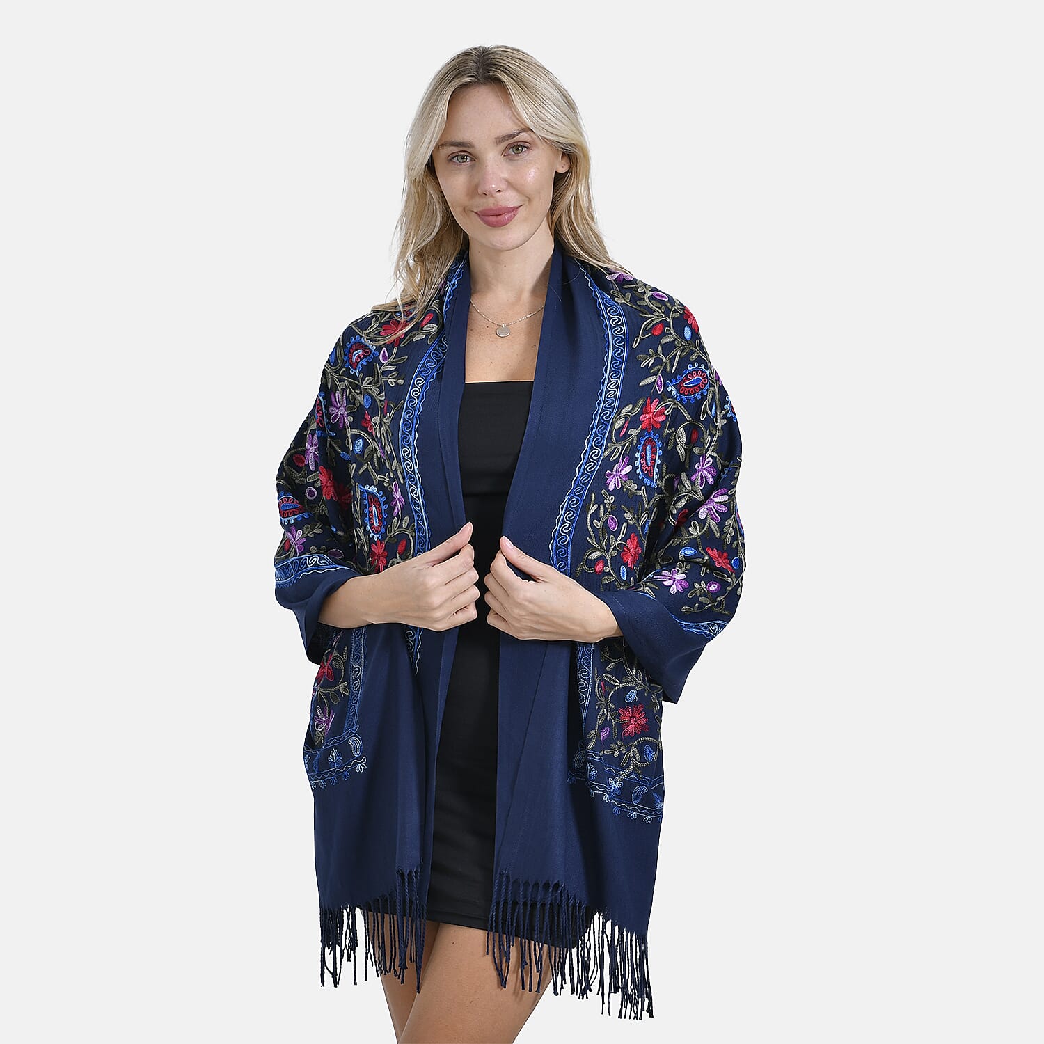 Close Out Embroidery Flower Pattern Super Soft Shawl (Size 180x70 cm) - Dark Blue