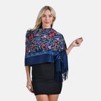 Close Out Embroidery Flower Pattern Super Soft Shawl (Size 180x70 cm) - Dark Blue