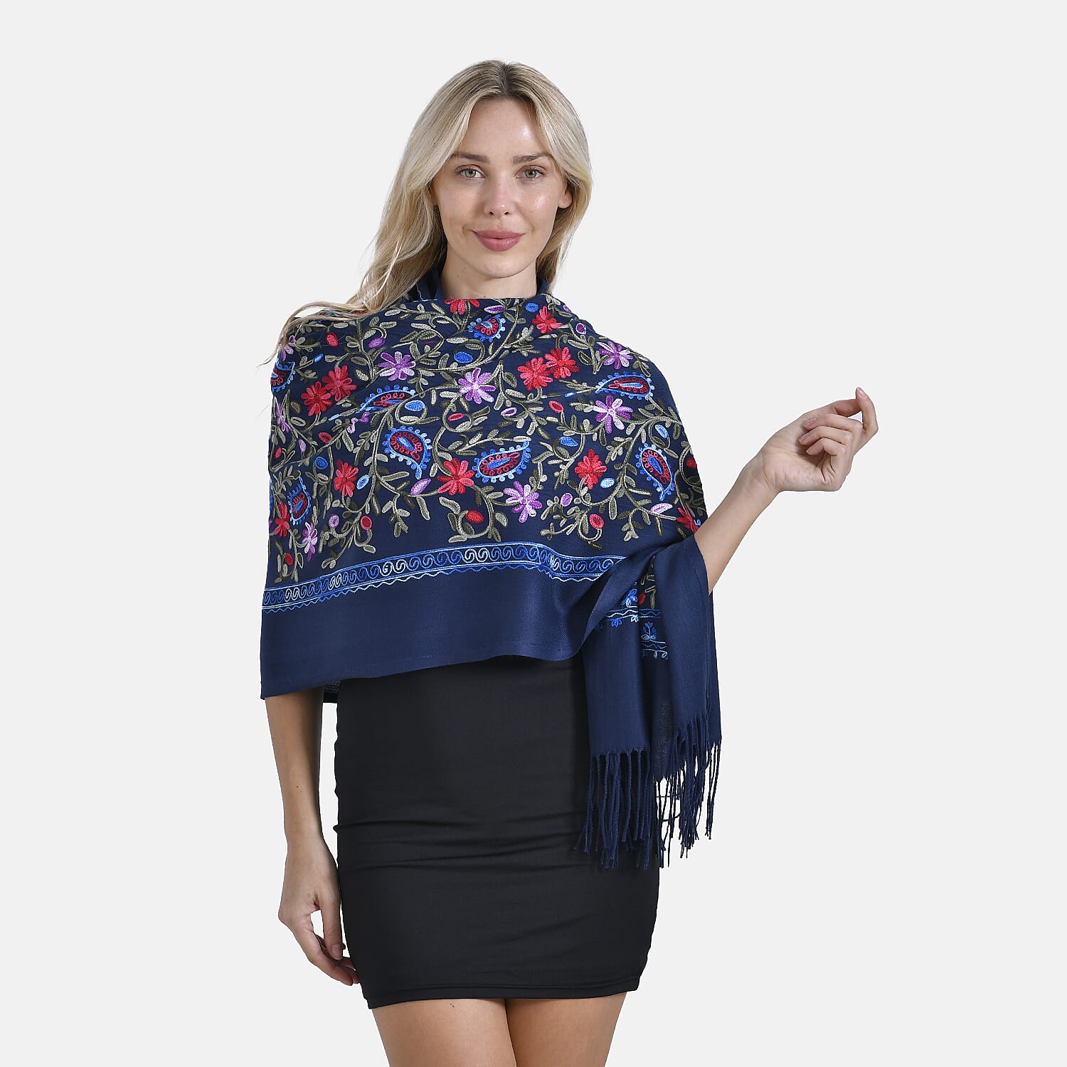 Close Out Embroidery Flower Pattern Super Soft Shawl (Size 180x70 cm) - Dark Blue