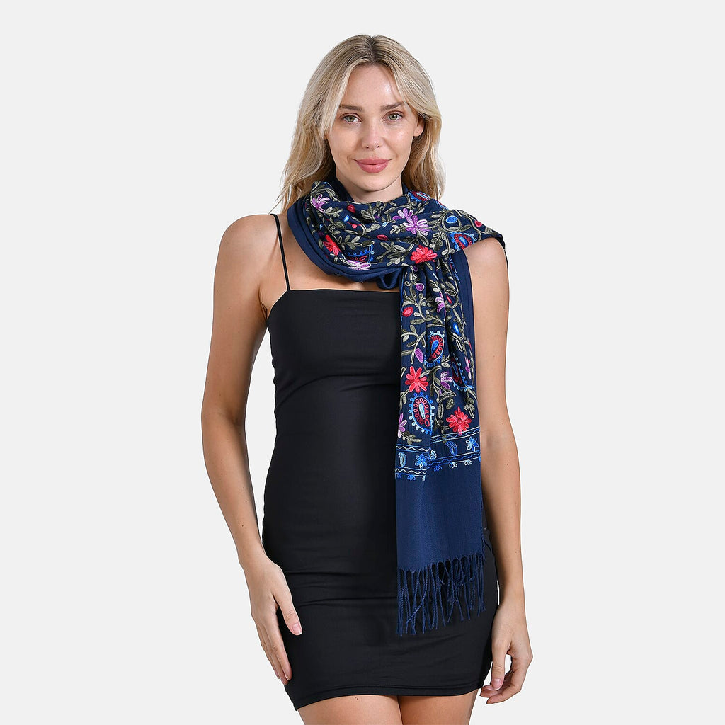 Close Out Embroidery Flower Pattern Super Soft Shawl (Size 180x70 cm) - Dark Blue