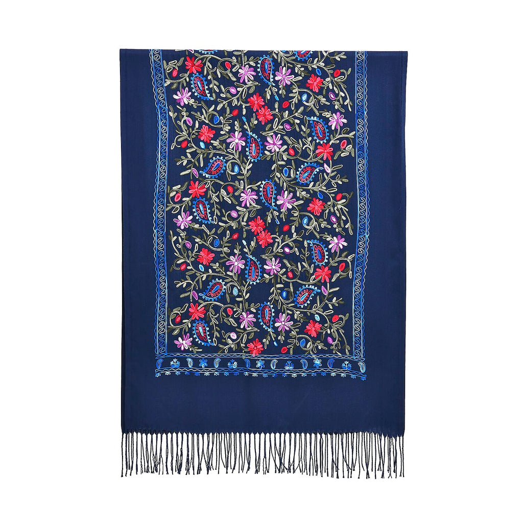 Close Out Embroidery Flower Pattern Super Soft Shawl (Size 180x70 cm) - Dark Blue