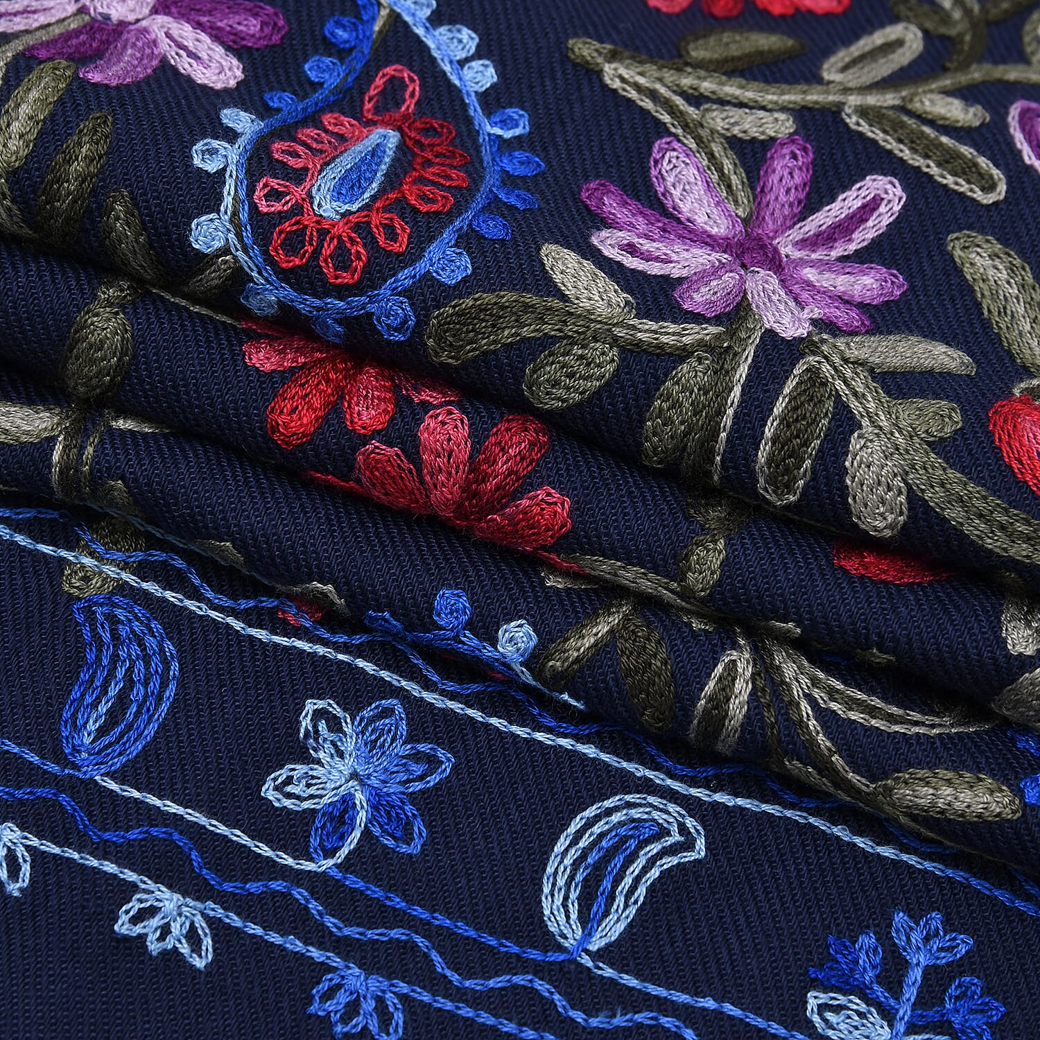 Close Out Embroidery Flower Pattern Super Soft Shawl (Size 180x70 cm) - Dark Blue