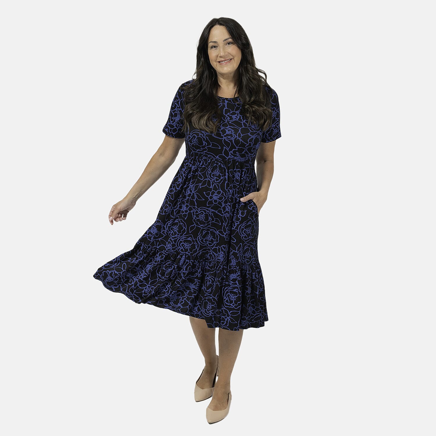 EBCSO Emelia Floral Printed Midi Dress (96% Viscose, 4% Elastane) - Black - Size L