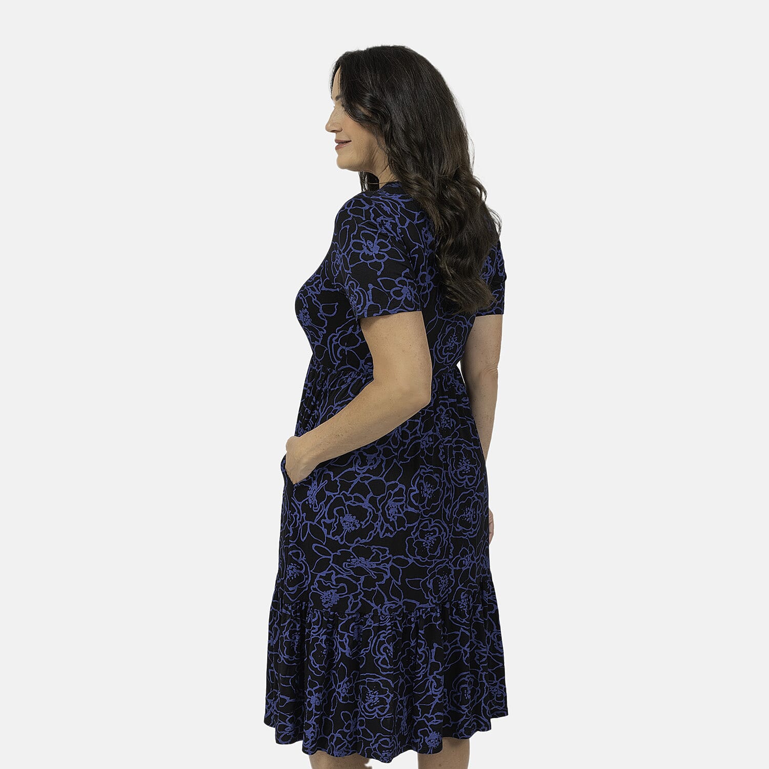 EBCSO Emelia Floral Printed Midi Dress (96% Viscose, 4% Elastane) - Black - Size L