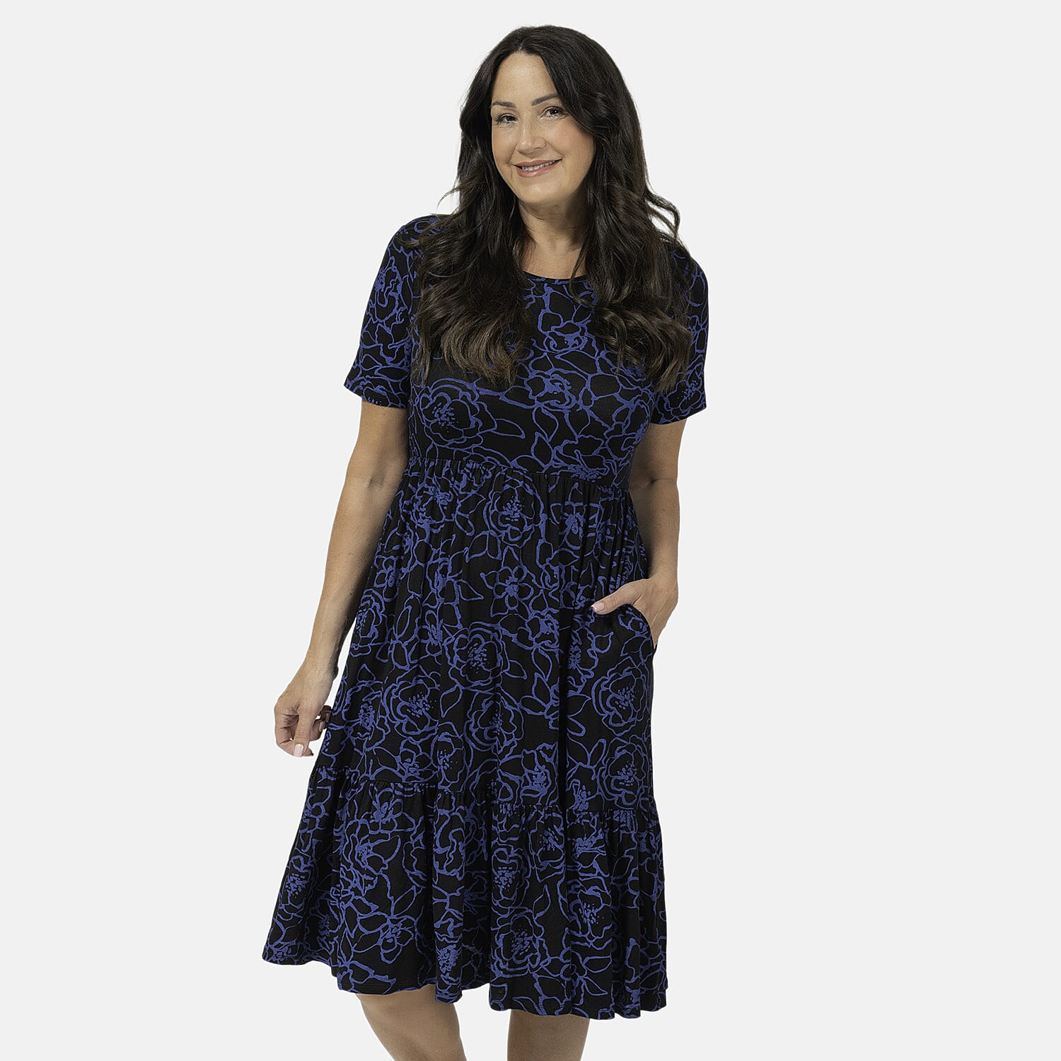 EBCSO Emelia Floral Printed Midi Dress (96% Viscose, 4% Elastane) - Black - Size L