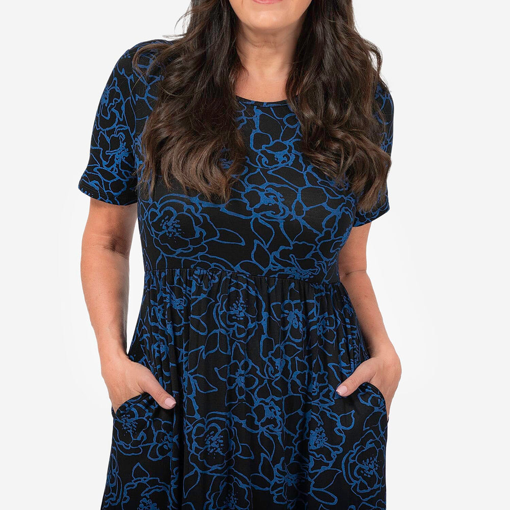 EBCSO Emelia Floral Printed Midi Dress (96% Viscose, 4% Elastane) - Black - Size L