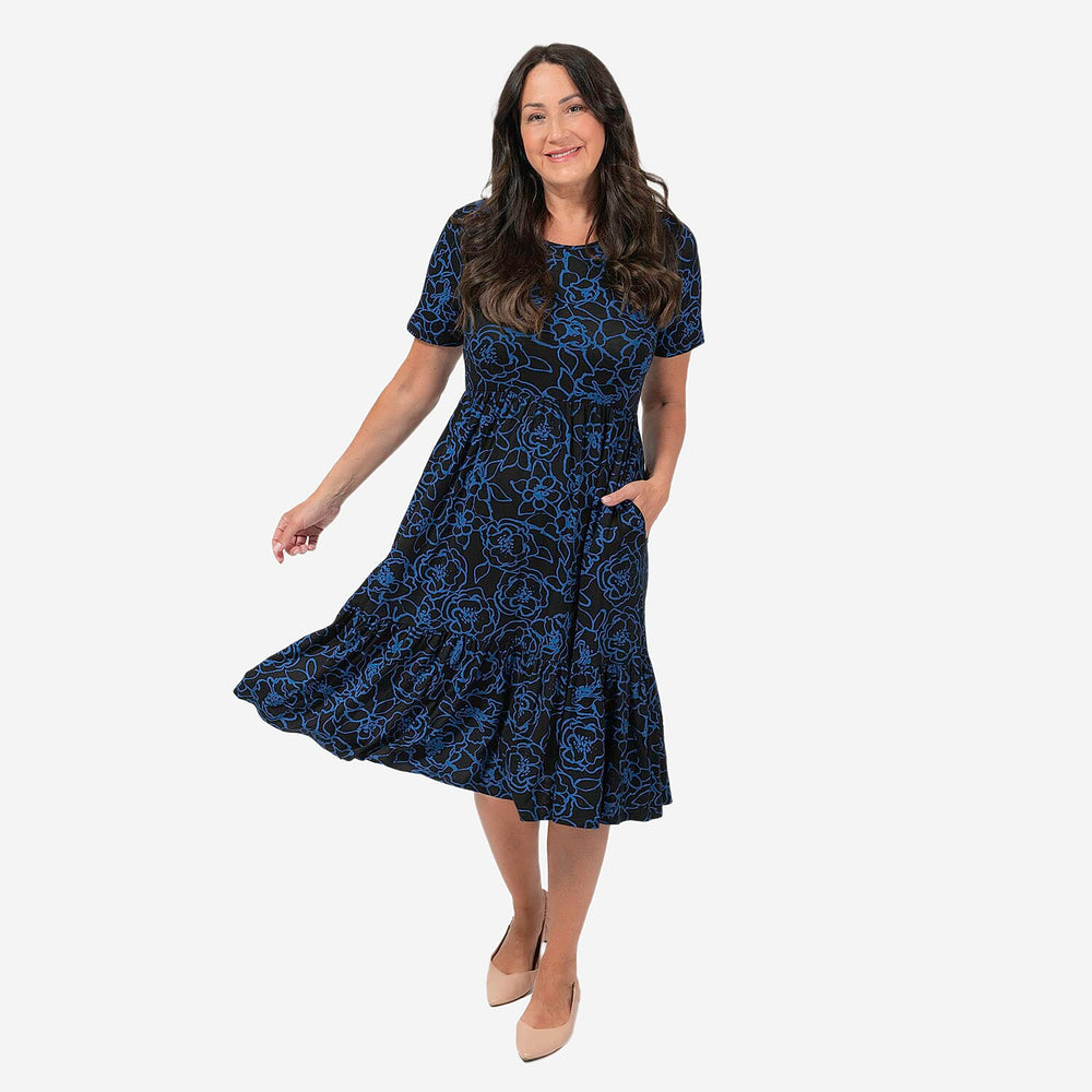 EBCSO Emelia Floral Printed Midi Dress (96% Viscose, 4% Elastane) - Black - Size M