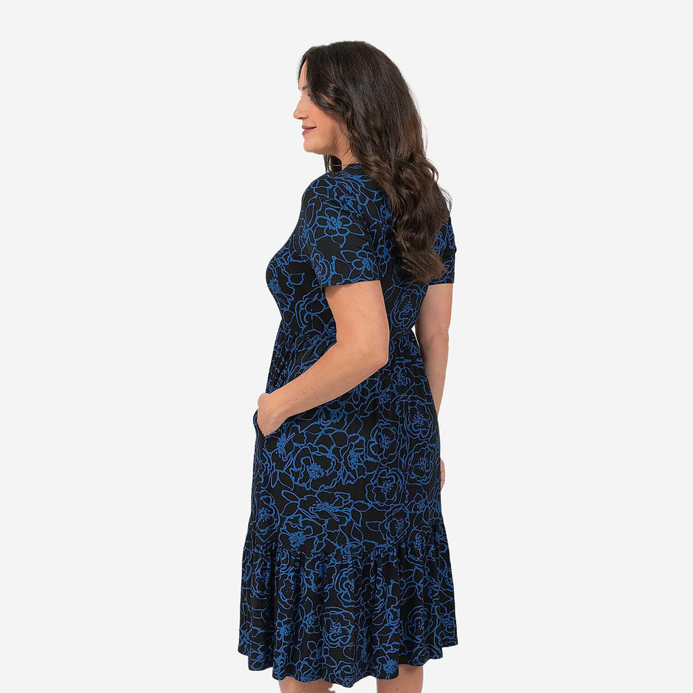 EBCSO Emelia Floral Printed Midi Dress (96% Viscose, 4% Elastane) - Black - Size M