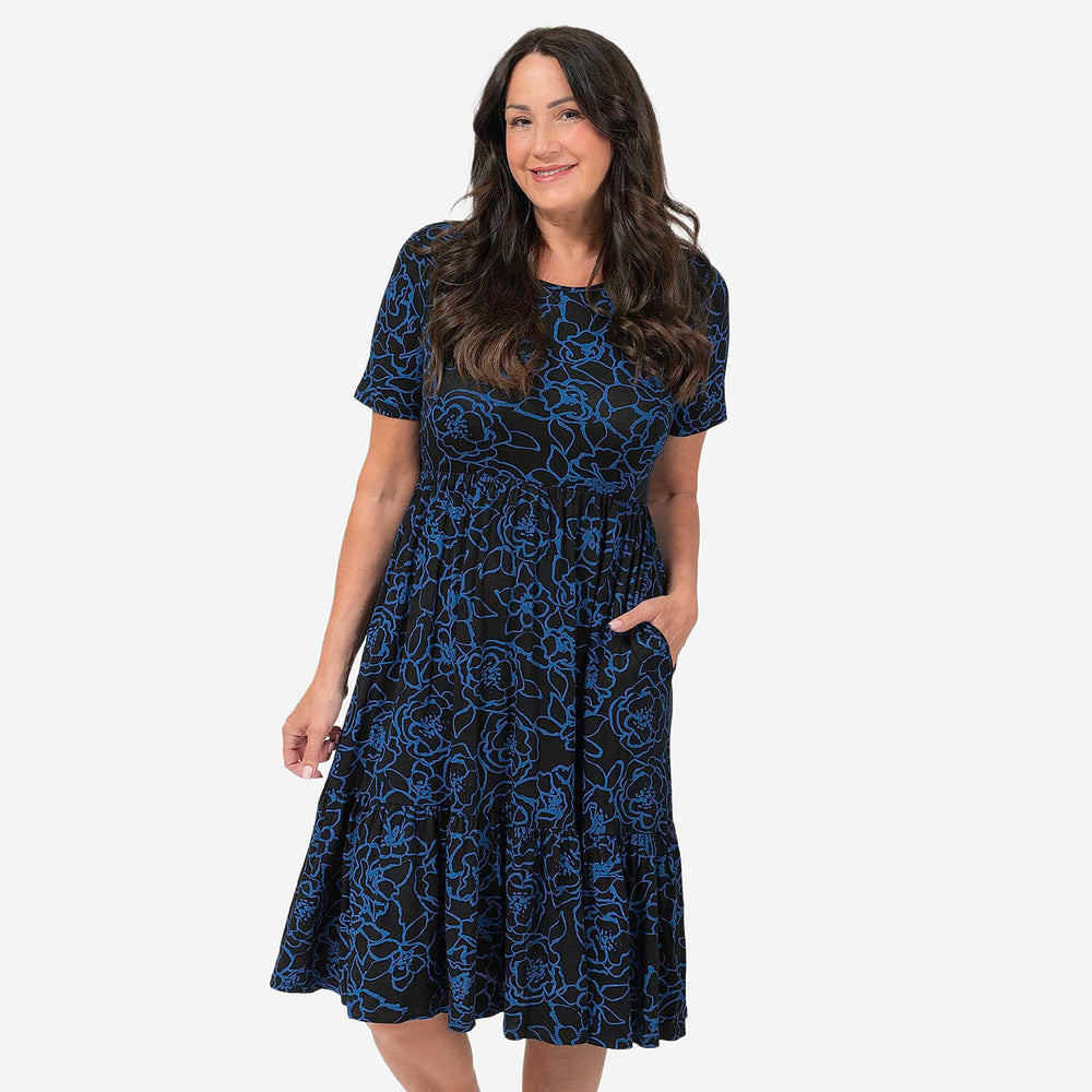 EBCSO Emelia Floral Printed Midi Dress (96% Viscose, 4% Elastane) - Black - Size M