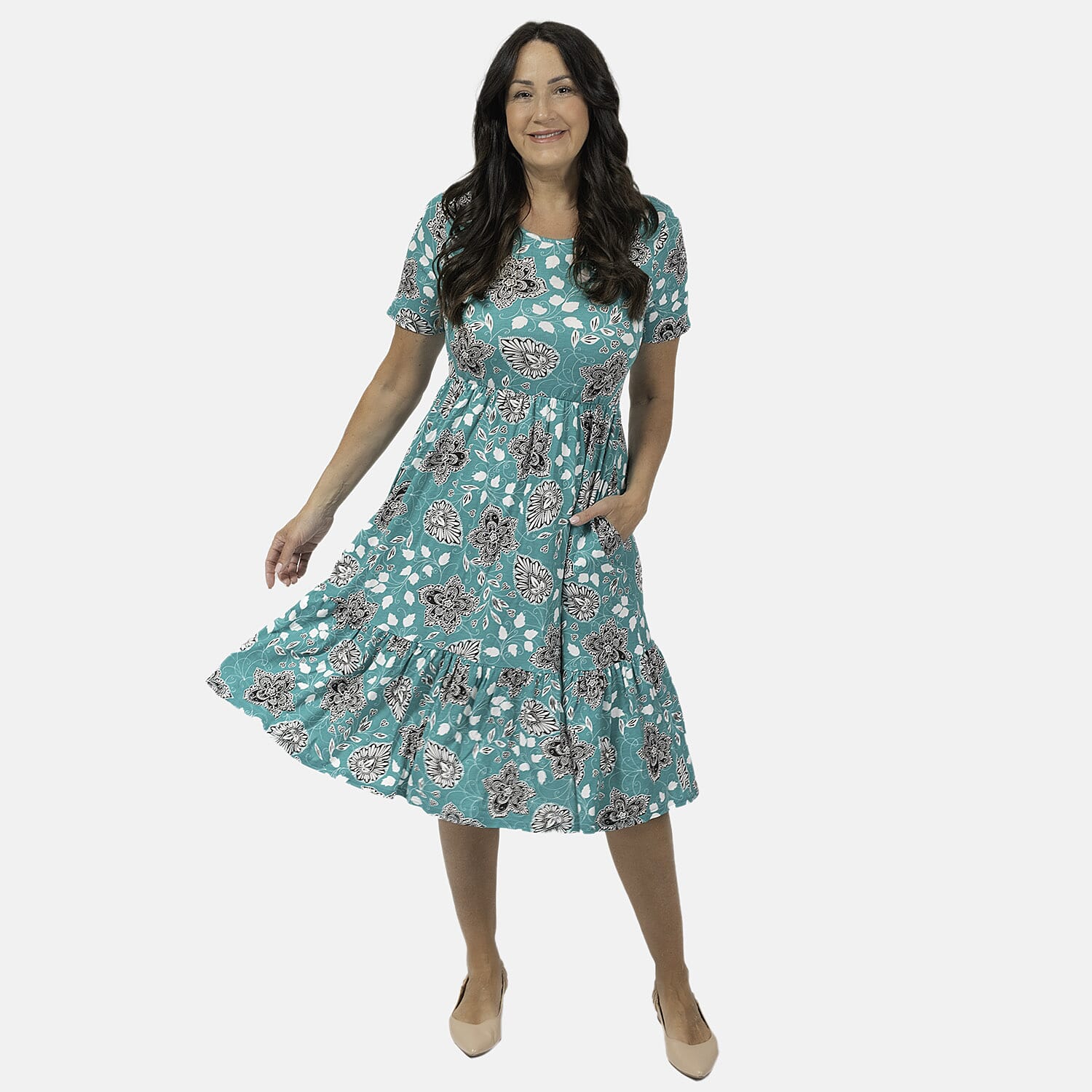 EBCSO Emelia Printed Midi Dress (96% Viscose, 4% Elastane) - Emerald - Size S