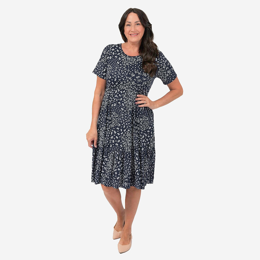 EBCSO Emelia Floral Printed Midi Dress (96% Viscose, 4% Elastane) - Navy - Size L