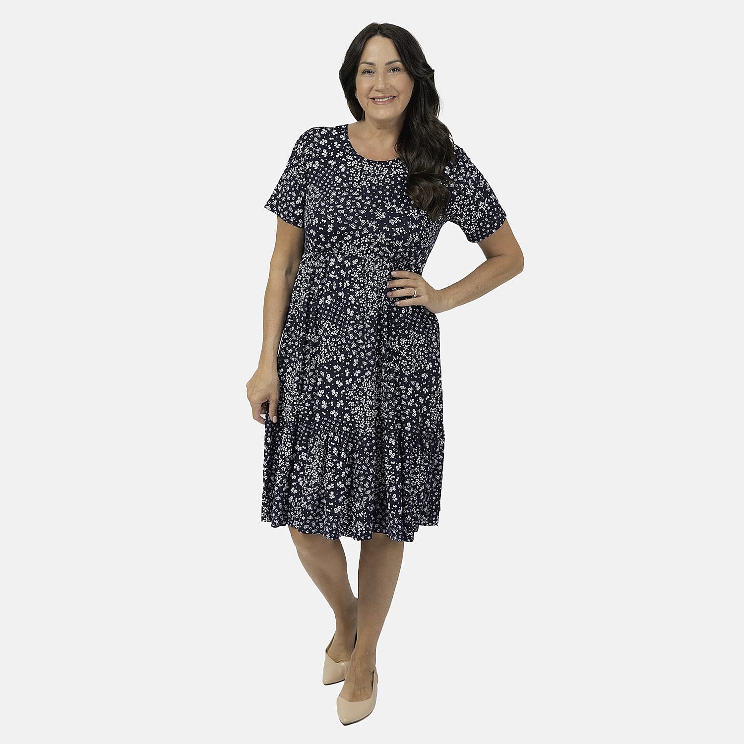 EBCSO Emelia Floral Printed Midi Dress (96% Viscose, 4% Elastane) - Navy - Size L