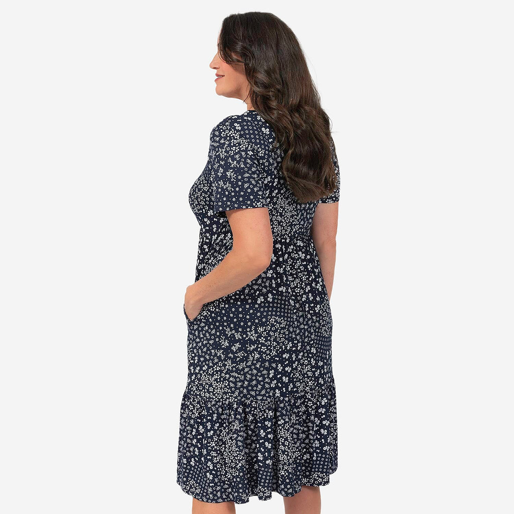 EBCSO Emelia Floral Printed Midi Dress (96% Viscose, 4% Elastane) - Navy - Size L