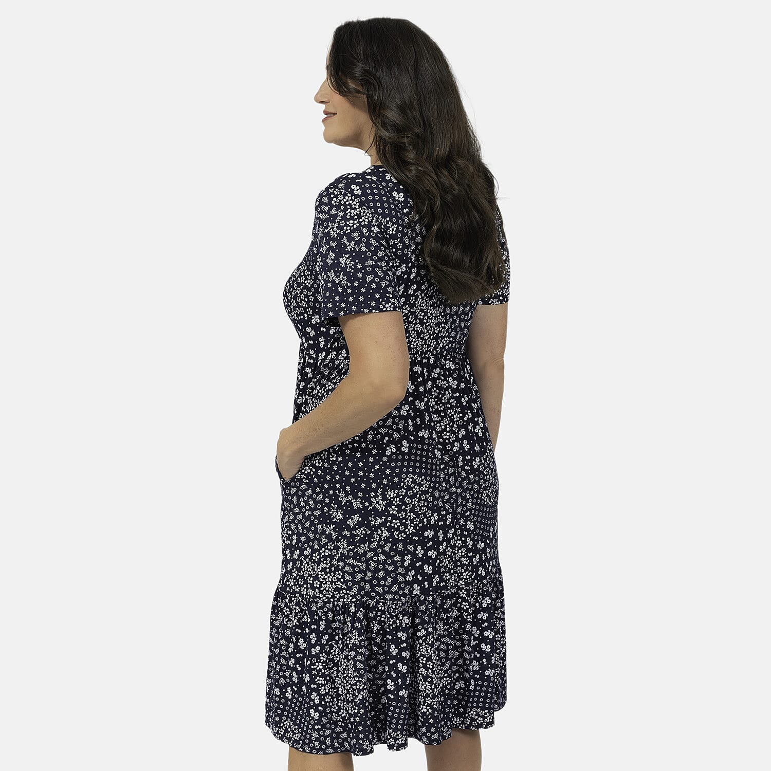 EBCSO Emelia Floral Printed Midi Dress (96% Viscose, 4% Elastane) - Navy - Size L