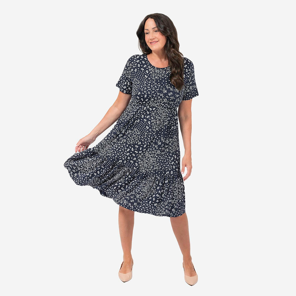 EBCSO Emelia Floral Printed Midi Dress (96% Viscose, 4% Elastane) - Navy - Size L