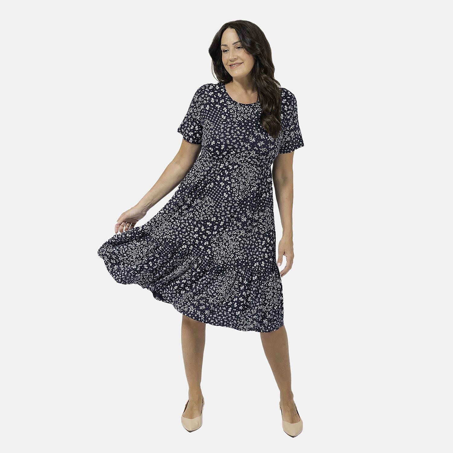 EBCSO Emelia Floral Printed Midi Dress (96% Viscose, 4% Elastane) - Navy - Size L