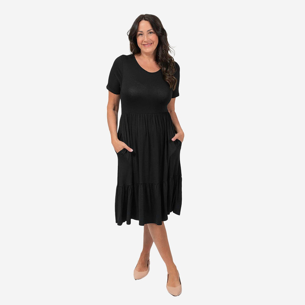 Emelia Womens Tiered Elastic Waist Casual Midi Dress with Pockets (Size L) - Black