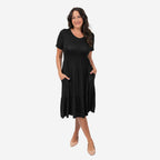Emelia Womens Tiered Elastic Waist Casual Midi Dress with Pockets (Size L) - Black