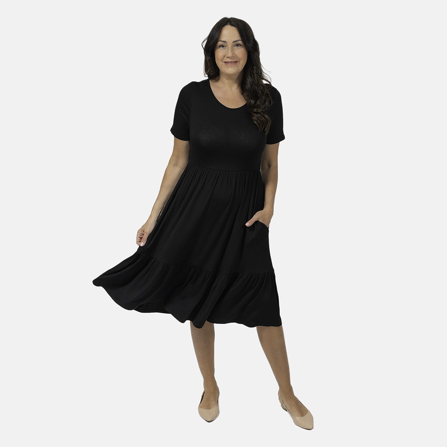 Emelia Womens Tiered Elastic Waist Casual Midi Dress with Pockets (Size L) - Black