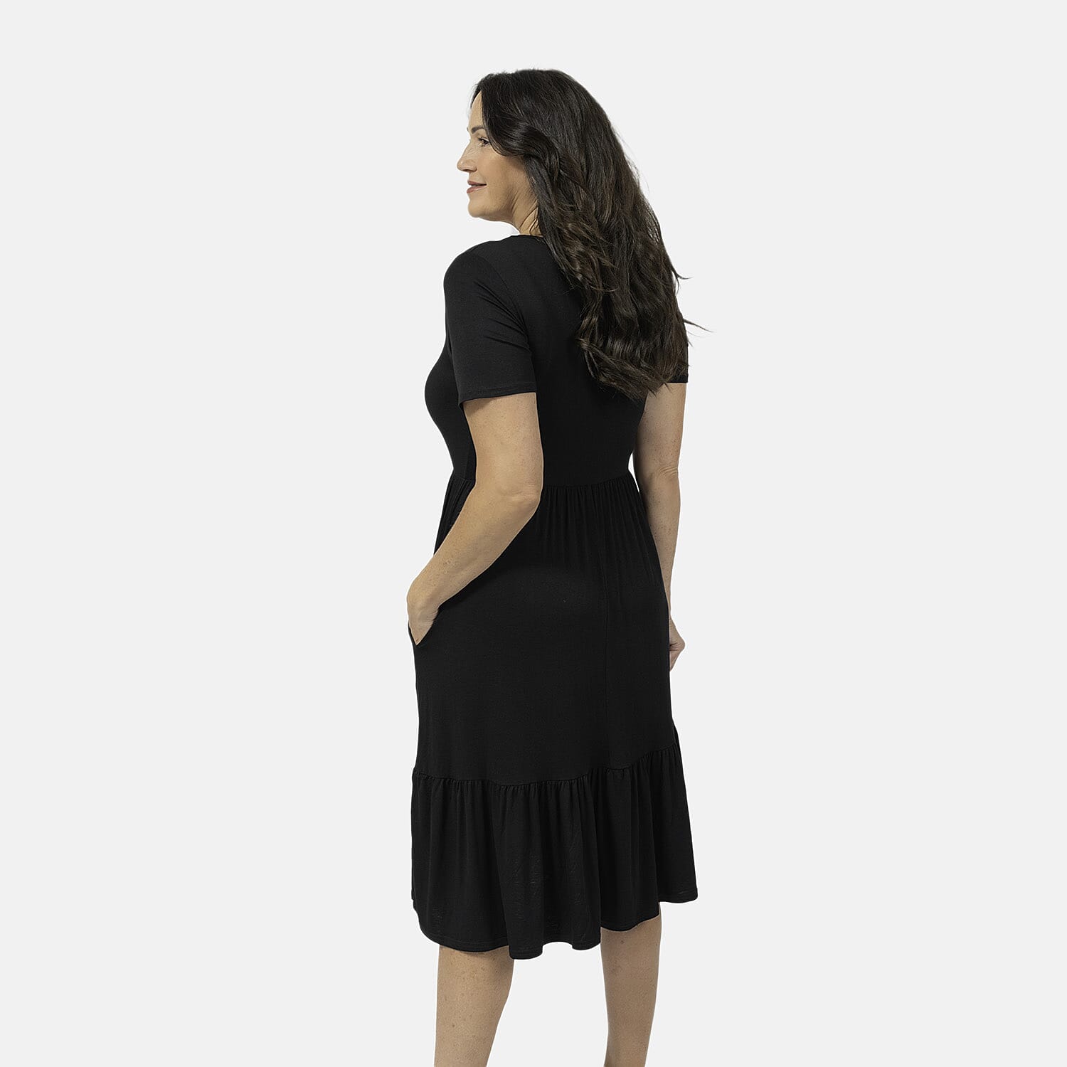 Emelia Womens Tiered Elastic Waist Casual Midi Dress with Pockets (Size L) - Black
