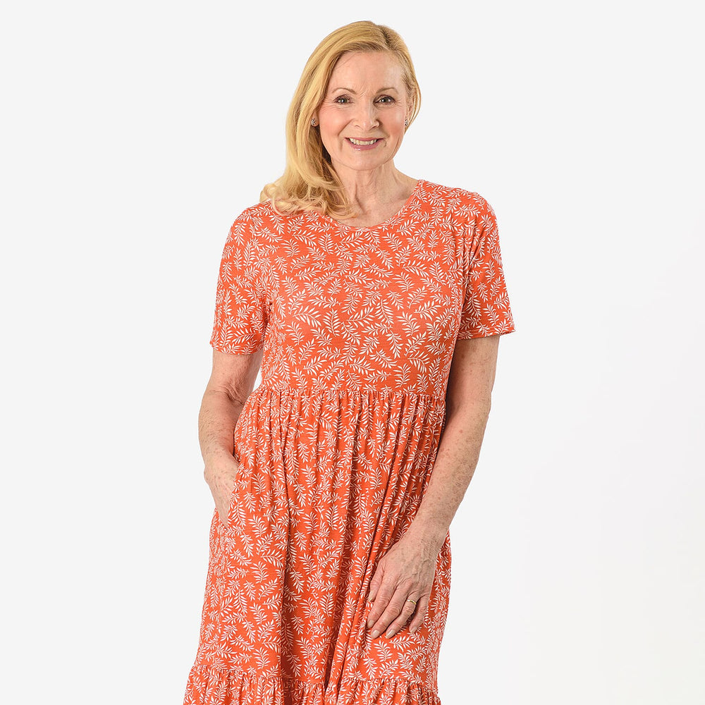 Emelia Leaf Print Ruffled Midi Dress (Size L) - Coral