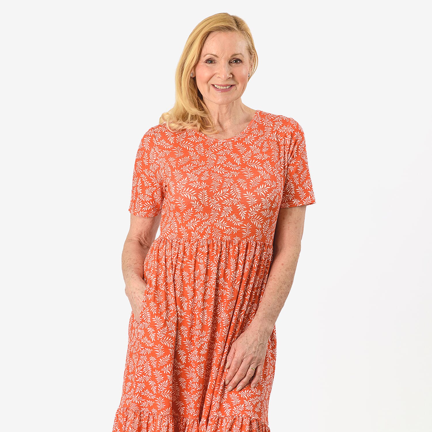 Emelia Leaf Print Ruffled Midi Dress (Size L) - Coral