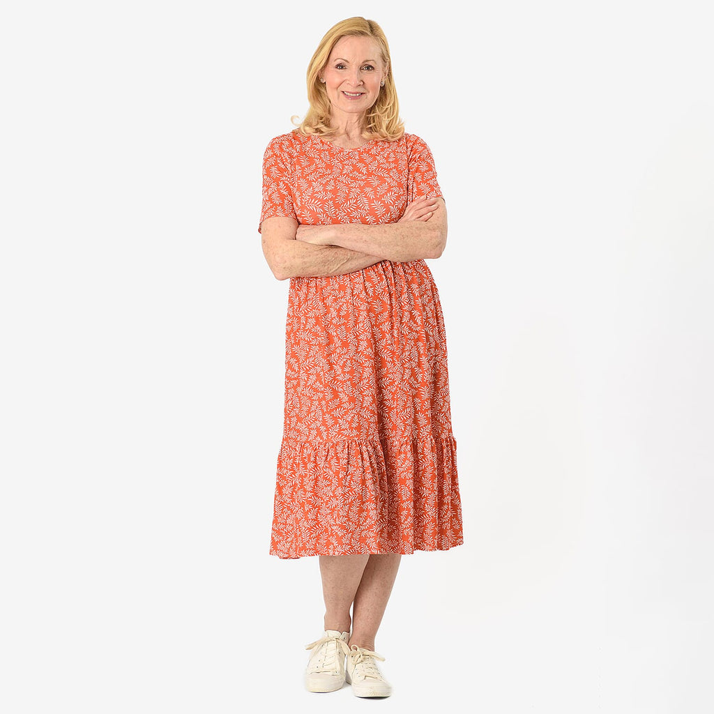 Emelia Leaf Print Ruffled Midi Dress (Size L) - Coral
