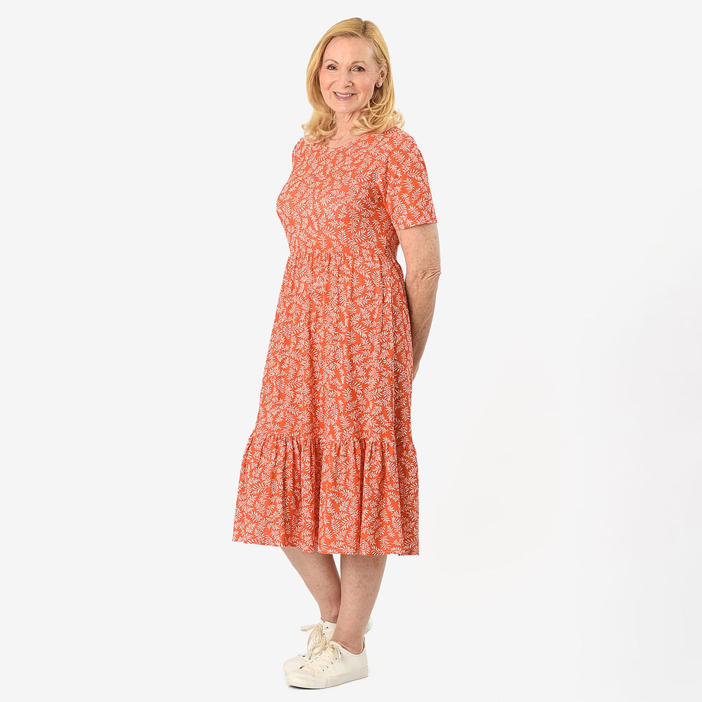 Emelia Leaf Print Ruffled Midi Dress (Size L) - Coral