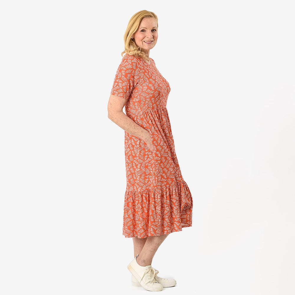 Emelia Leaf Print Ruffled Midi Dress (Size L) - Coral