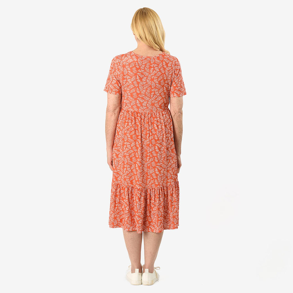 Emelia Leaf Print Ruffled Midi Dress (Size L) - Coral