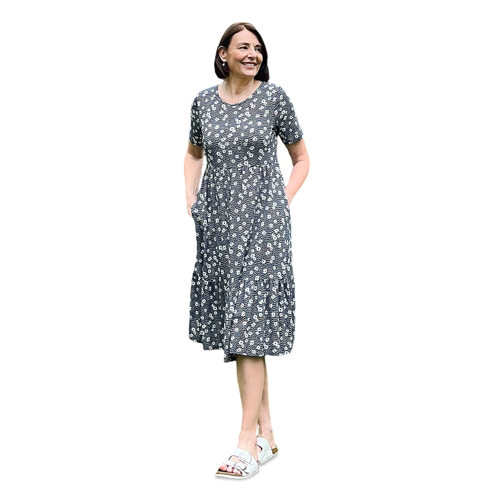 Emelia Floral Print Ruffled Midi Dress (Size M) - Navy
