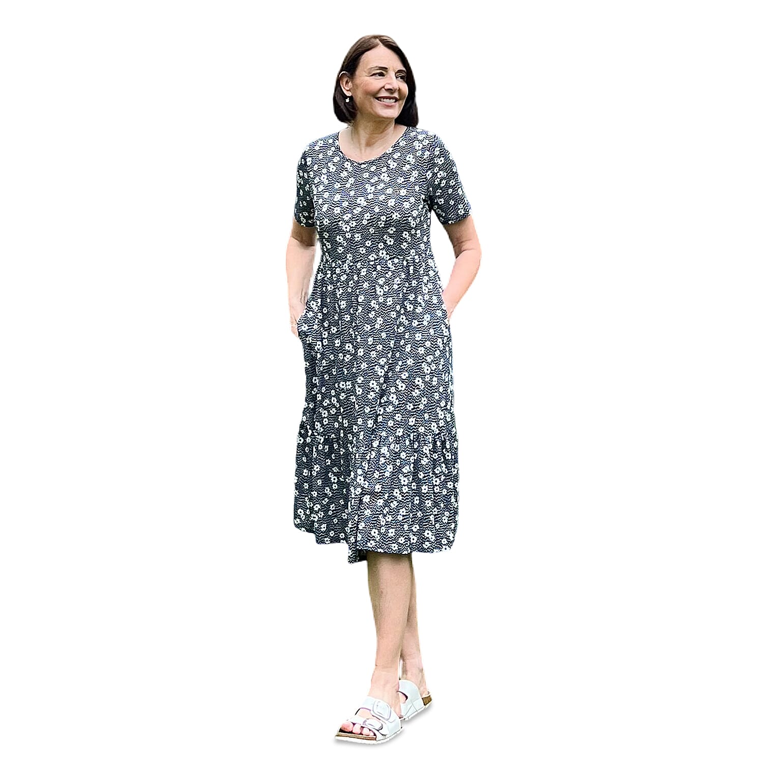Emelia Floral Print Ruffled Midi Dress (Size M) - Navy