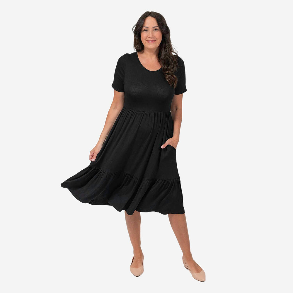 Emelia Womens Tiered Elastic Waist Casual Midi Dress with Pockets (Size XL) - Black