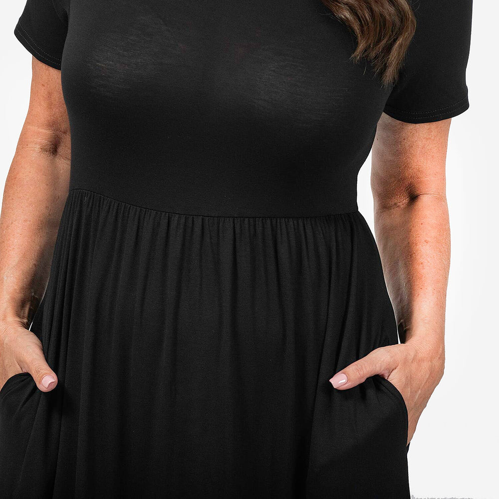 Emelia Womens Tiered Elastic Waist Casual Midi Dress with Pockets (Size XL) - Black