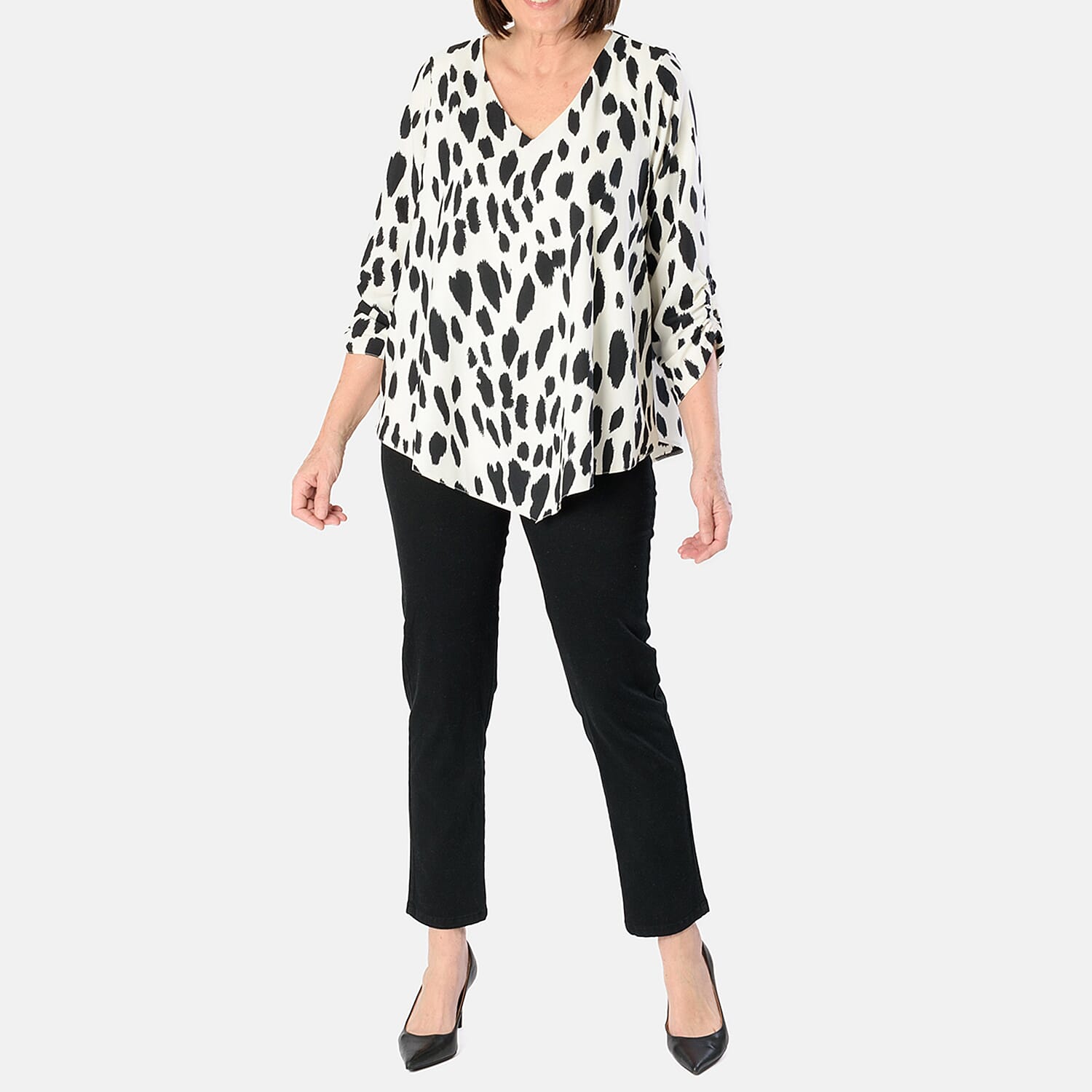 Emily Animal Printed V-Neck Top (Size 12) - Black - White