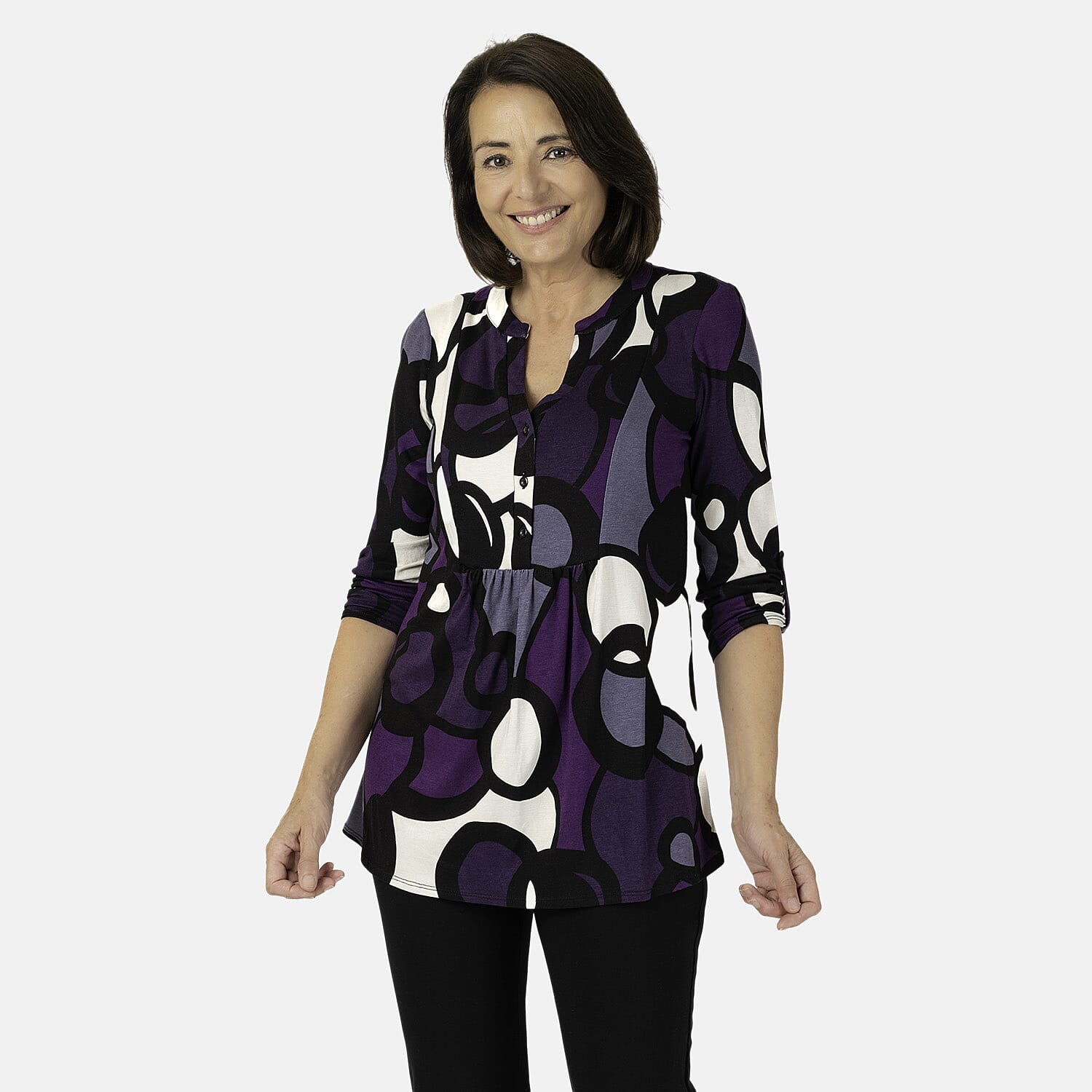 Emily Printed V - Neck Tunic (Size 12) - Purple