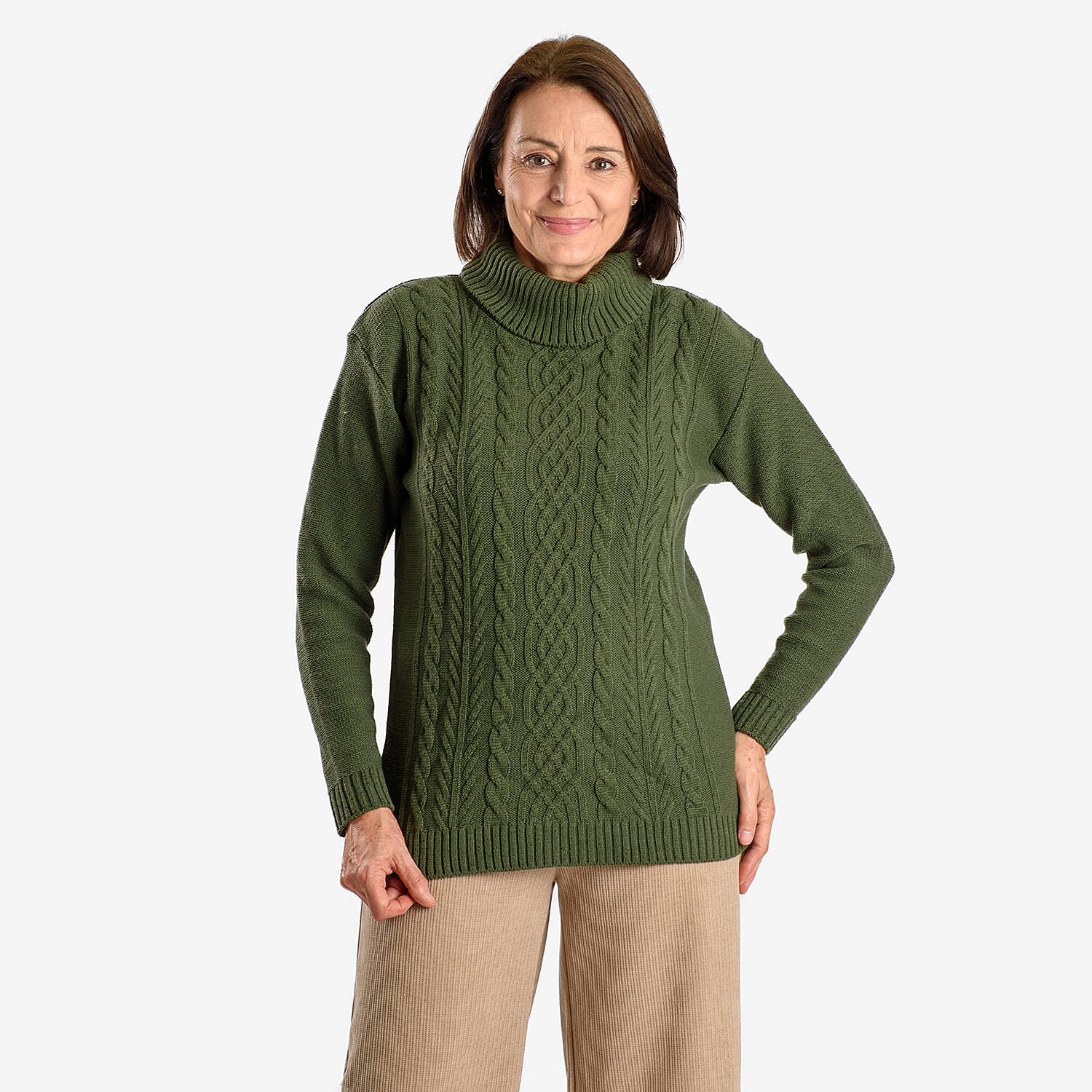 Emma Cableknit Roll Neck Pullover (Size 12 to 14) - Deep Olive