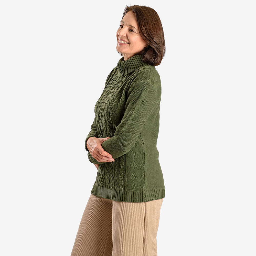 Emma Cableknit Roll Neck Pullover (Size 12 to 14) - Deep Olive