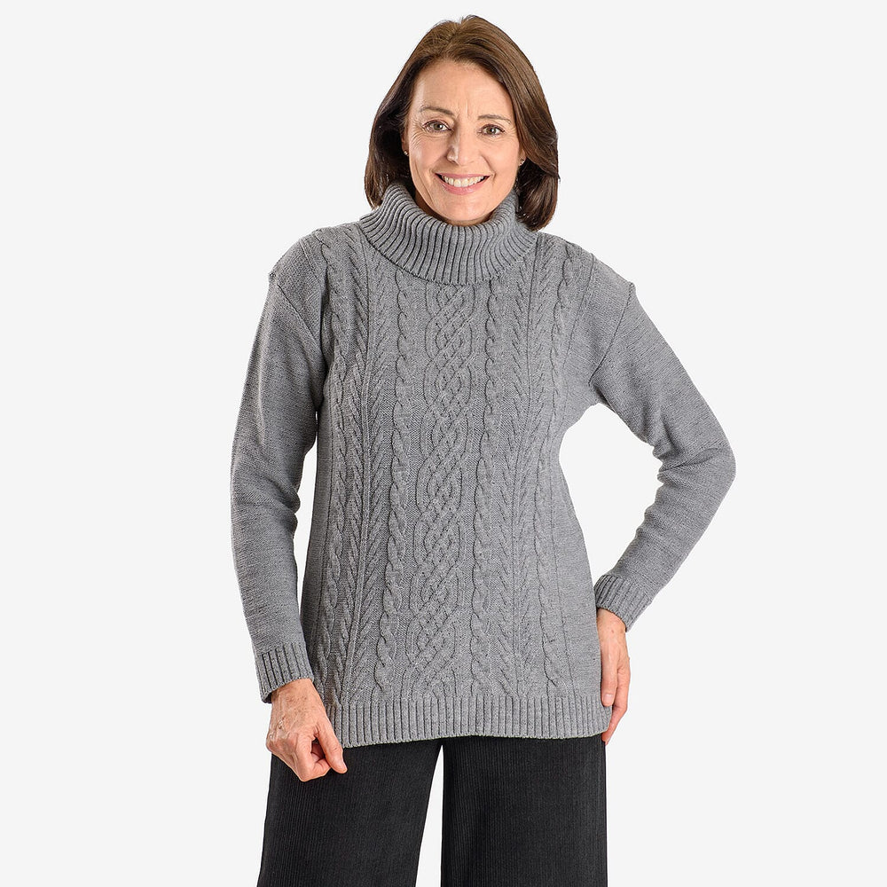 Emma Cableknit Roll Neck Pullover (Size 20 to 22) - Light Grey